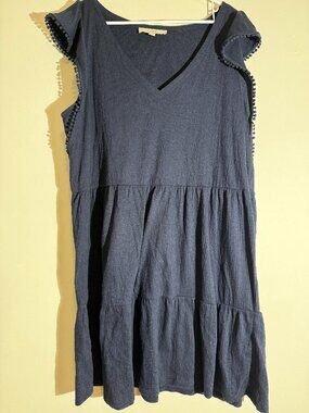LOFT Navy Blue Textured Pom Pom Flutter Sleeve Tiered Dress | XL